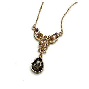 Vintage-Inspired Gold tone Necklace With Tear-Drop Smoke Grey and Pink Crystal A